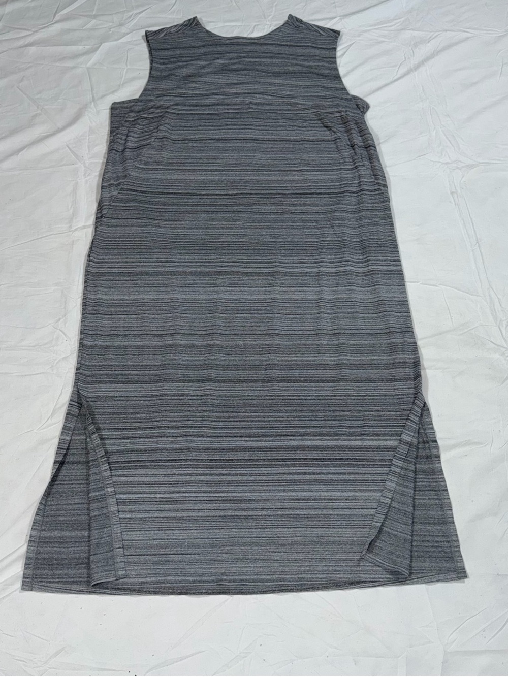 Duluth Trading Co Women L Gray Striped Stretch Midi Dress Side Slit Travel O29